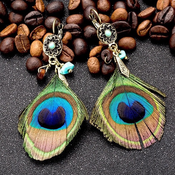 Black Fox Charm Jewelry - NEW🌟 Boho Peacock Gypsy Hippie Feather Earrings
